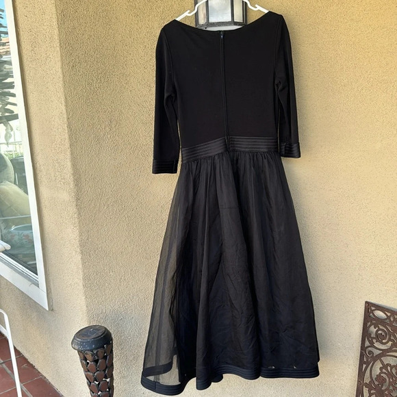 80s black Tadashi Organza and Jersey Gown tulle layers bow mid sleeve boat neck - Picture 3 of 16